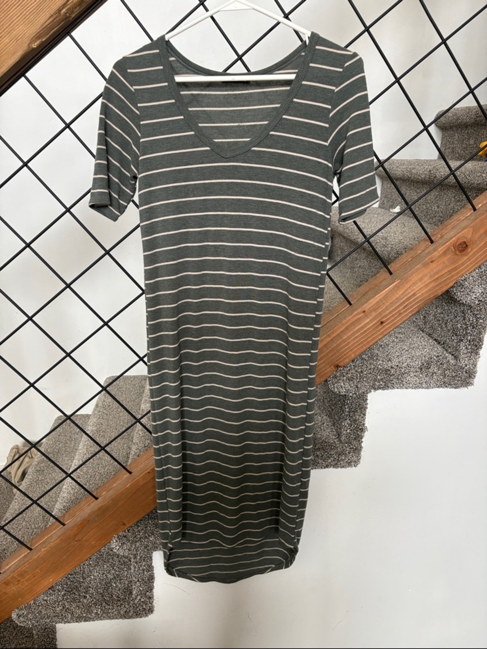 Sweet Claire Olive and White Striped V‑Neck Midi Dress
